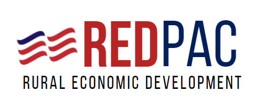 Logo for REDPAC, a rural economic development organization, with a stylized American flag and text in red and blue.