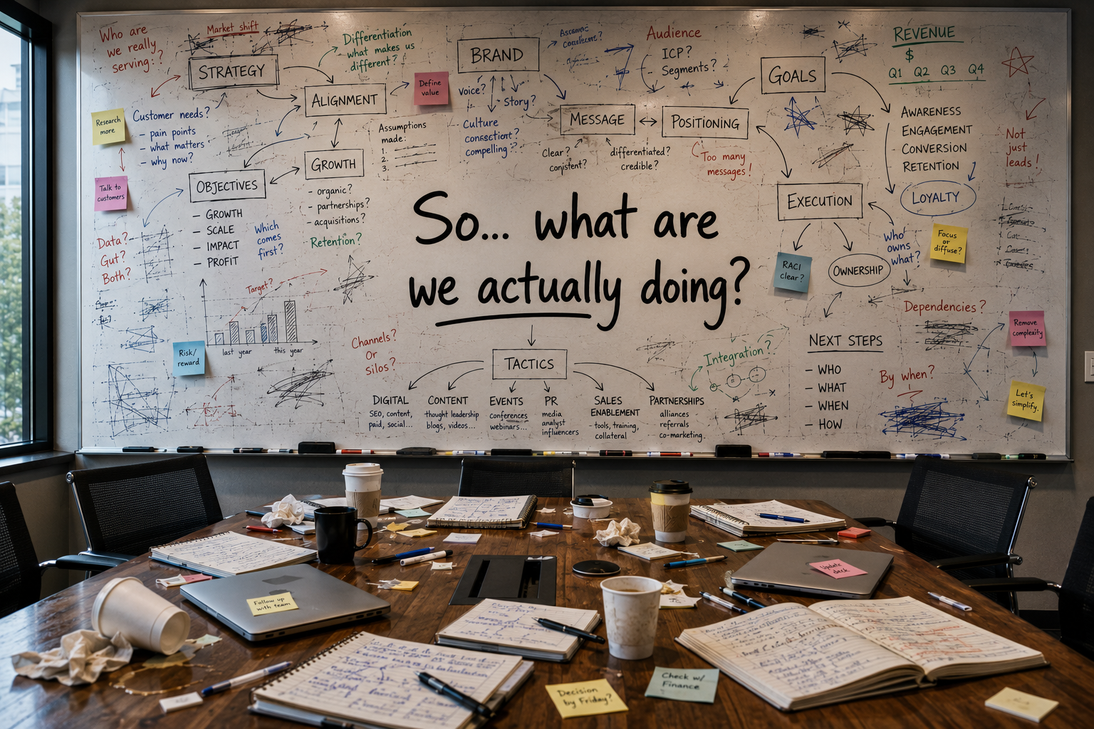 chaos aftermath of a meeting with a whiteboard full of words and arrows.
