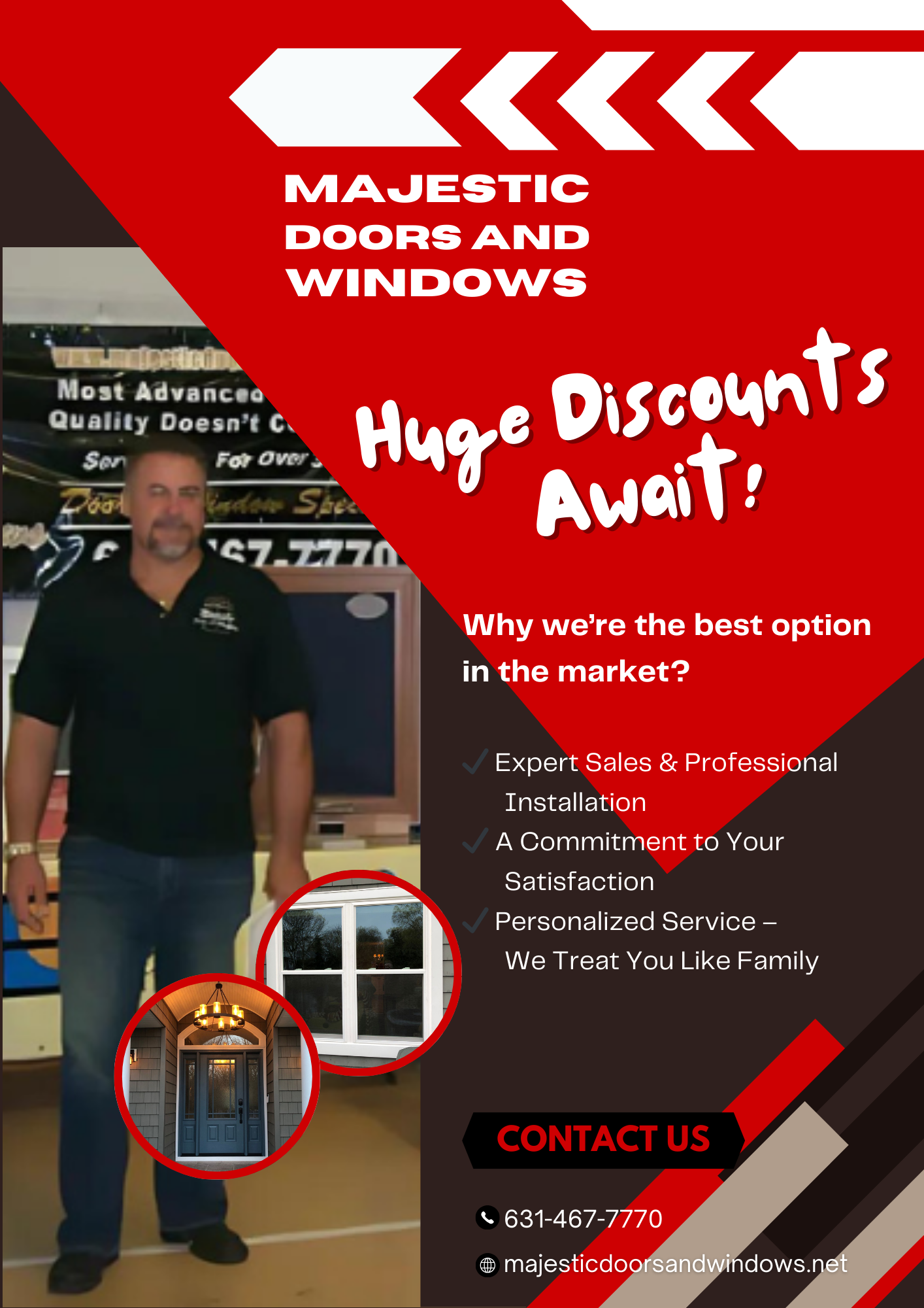 An advertisement for majestic doors and windows shows a man standing in front of a window