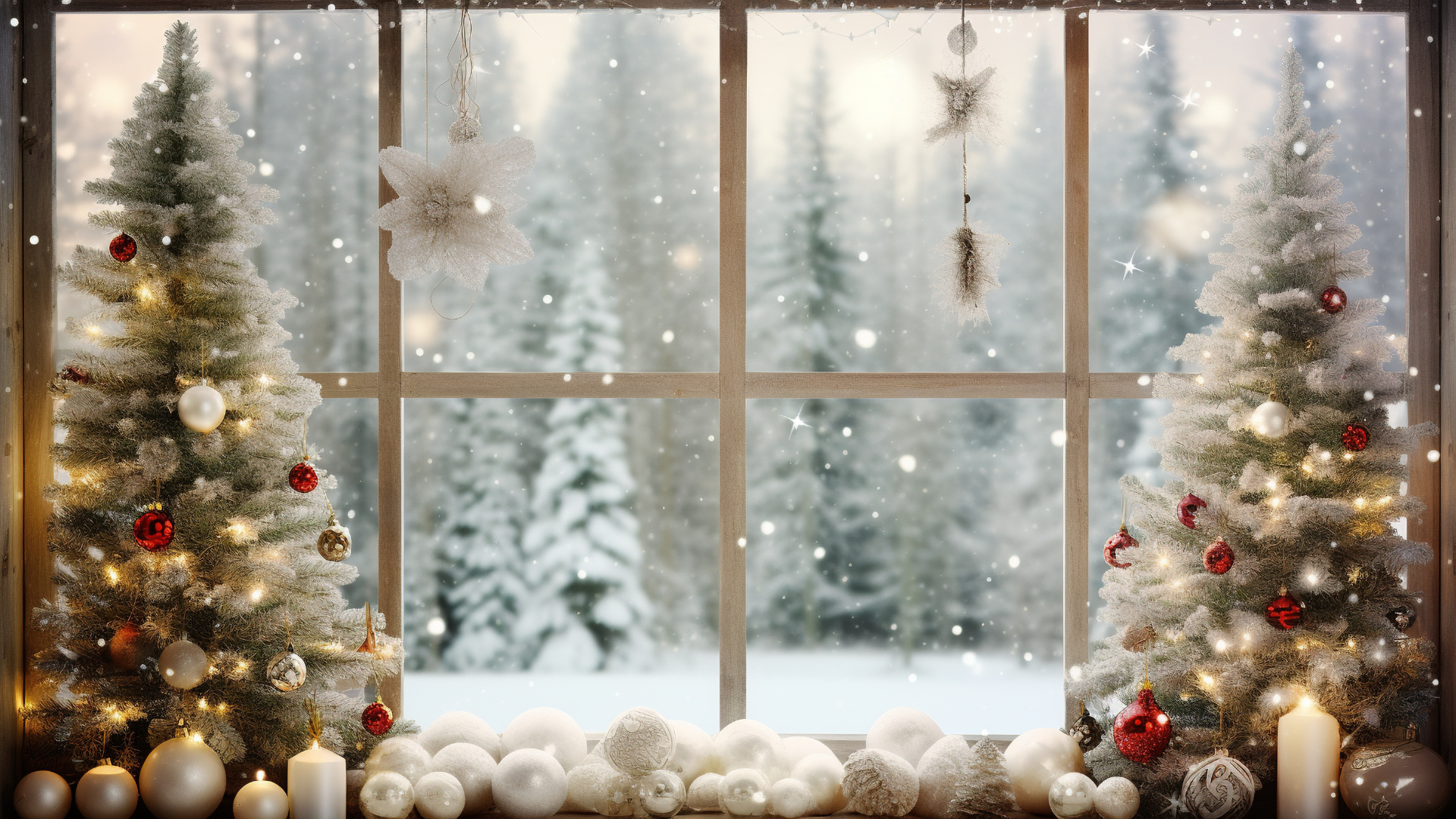 A christmas tree is sitting in front of a window with snow falling outside.