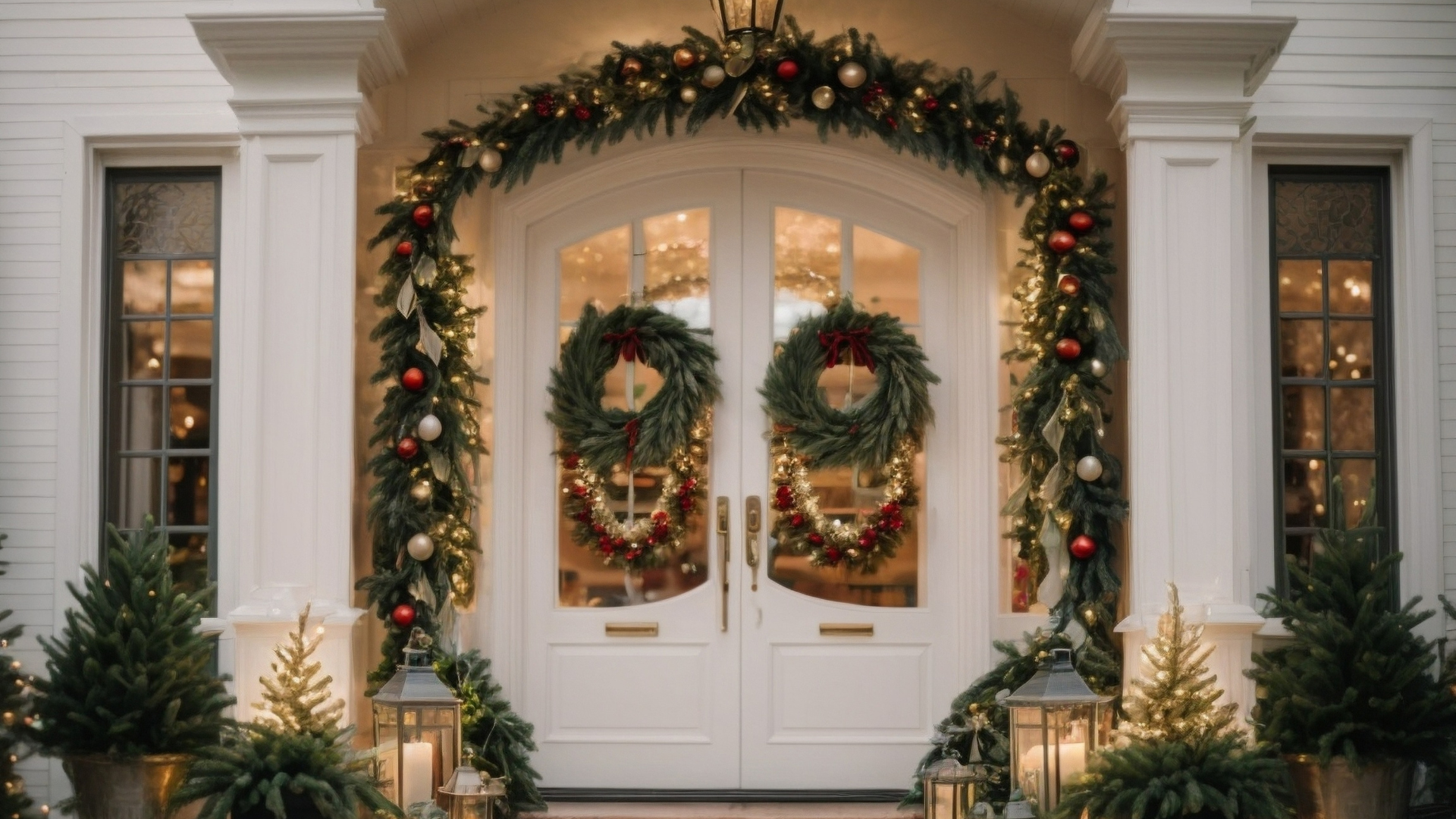 The front door of a house decorated for Christmas with wreaths and lanterns.