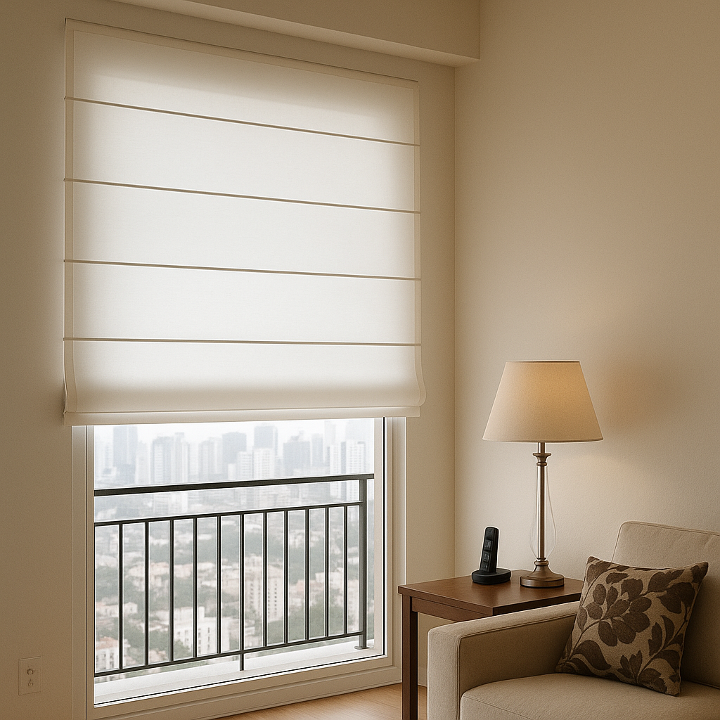 Persiana romana creme em uma janela com vista para uma paisagem urbana, com um abajur e uma poltrona.