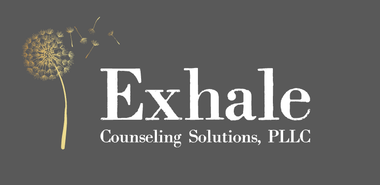 Logo for Exhale Counseling Solutions, PLLC: a dandelion with white text on a gray background.