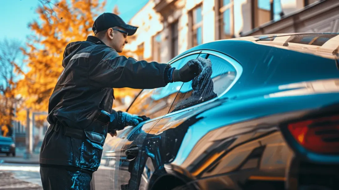 A person installing window film on a car window using up to date equipment