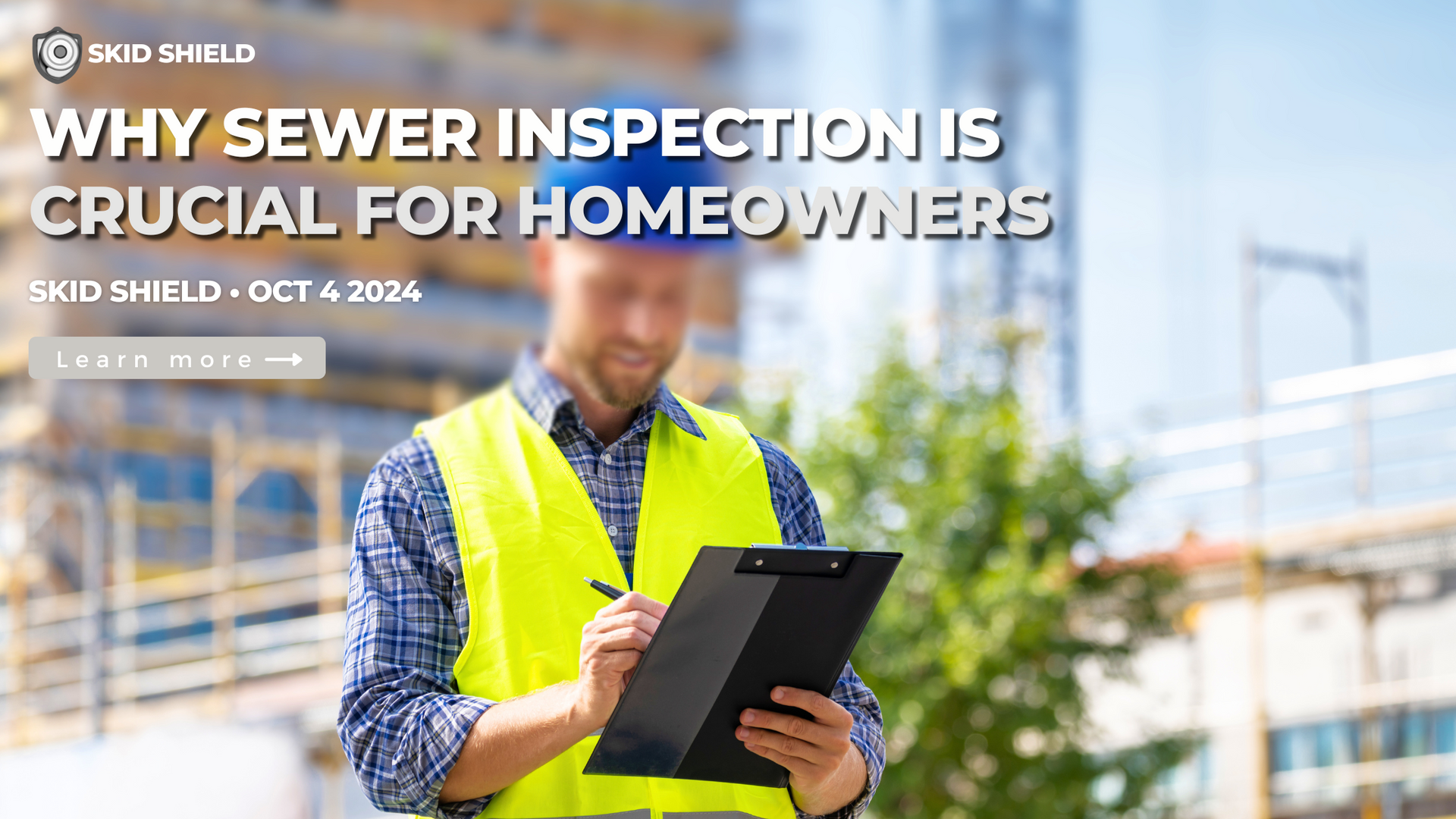 home inspector in reflective vest and helmet inspecting with clipboard in hand