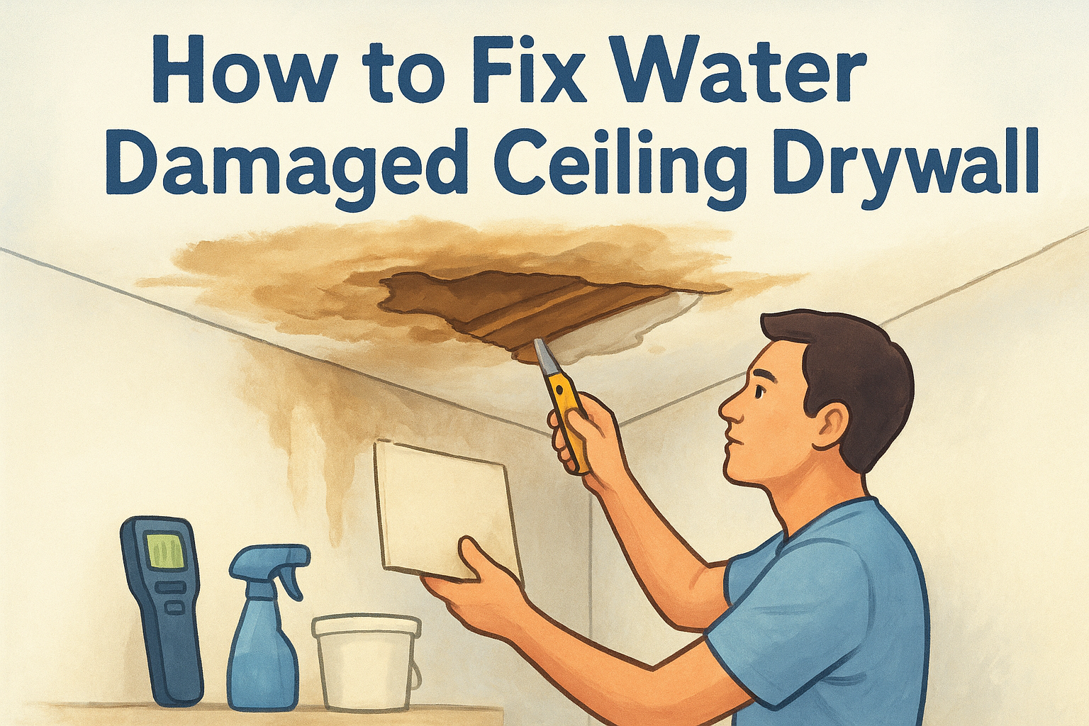 Man painting over a water stain on ceiling drywall, with tools and the title “How to Fix Water Damaged Ceiling Drywall”