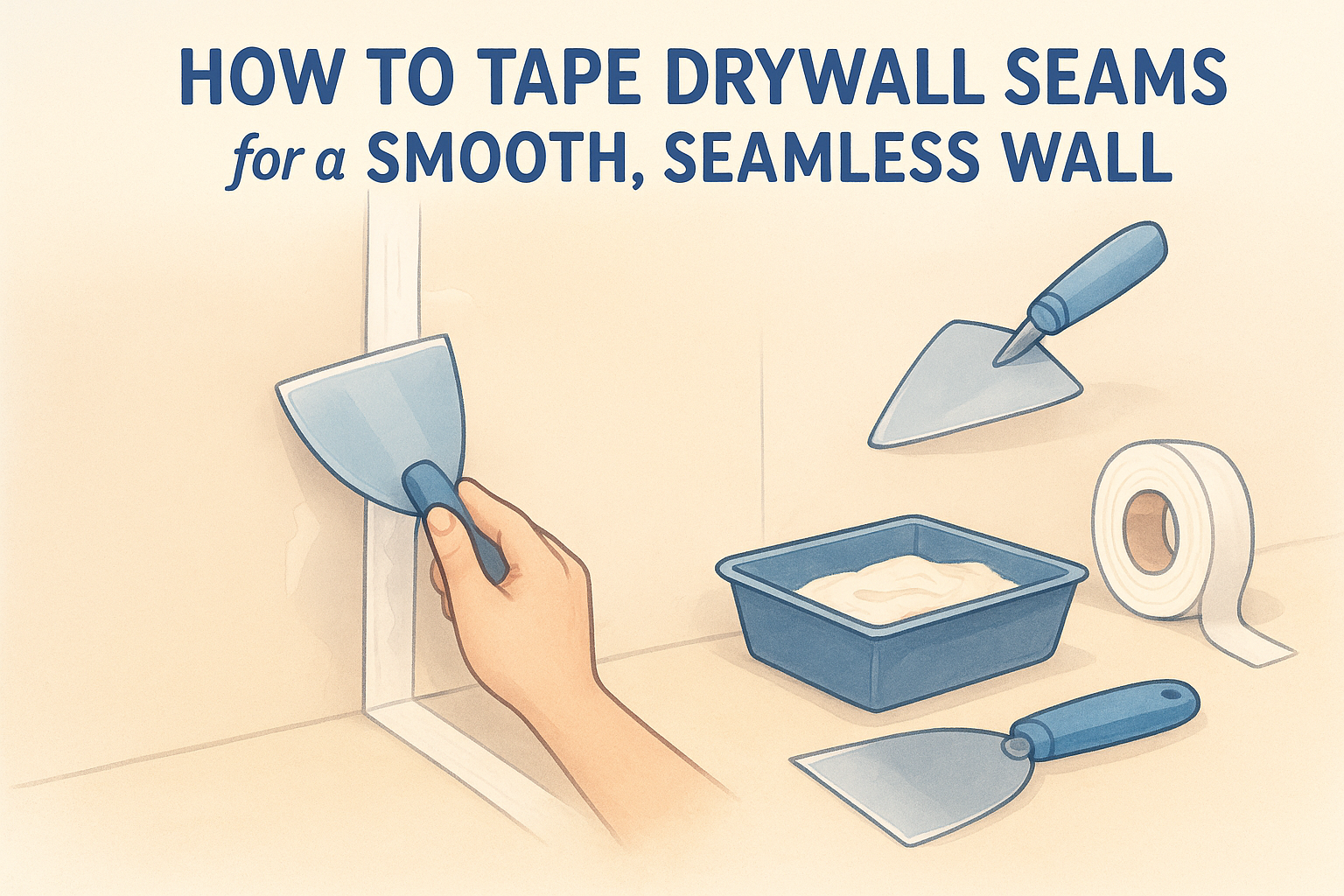 Illustration of taping drywall seams with joint compound, tape, and knives for a smooth wall.