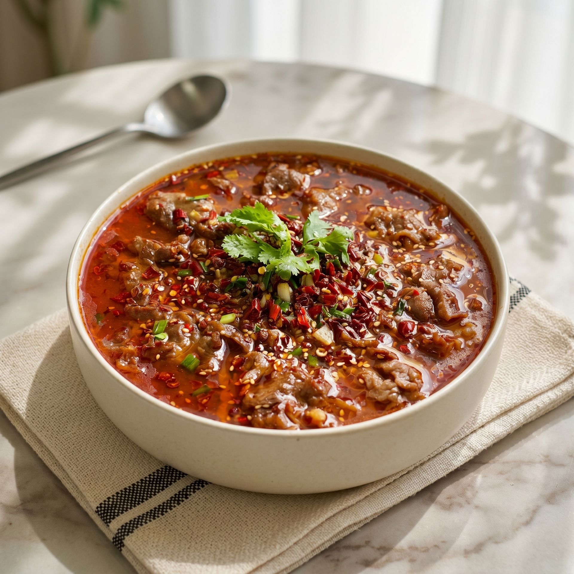 Bowl of spicy red stew topped with herbs on a napkin, with a spoon on a marble table