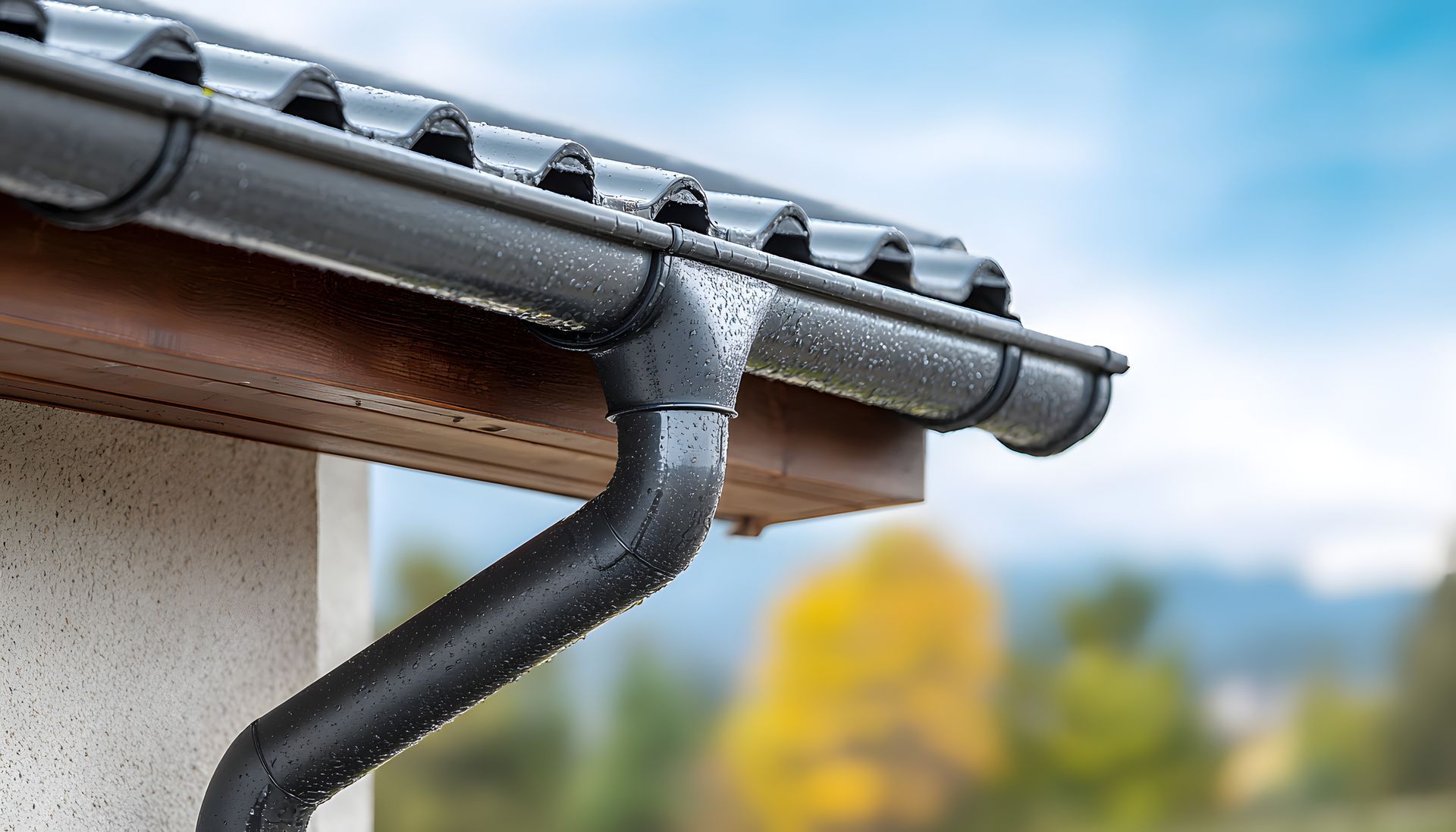 Black rain gutter on a house roof, with water running out of the downspout against a blurred background of trees and sky.