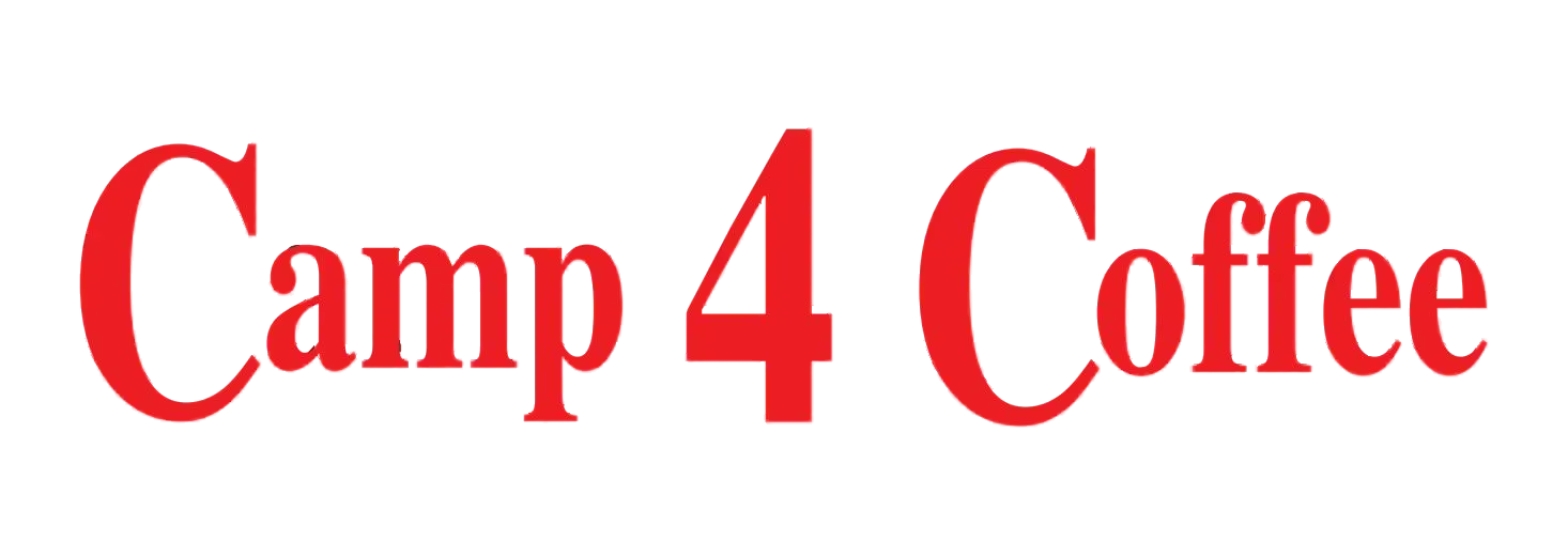 A red logo for camp 4 coffee on a white background.