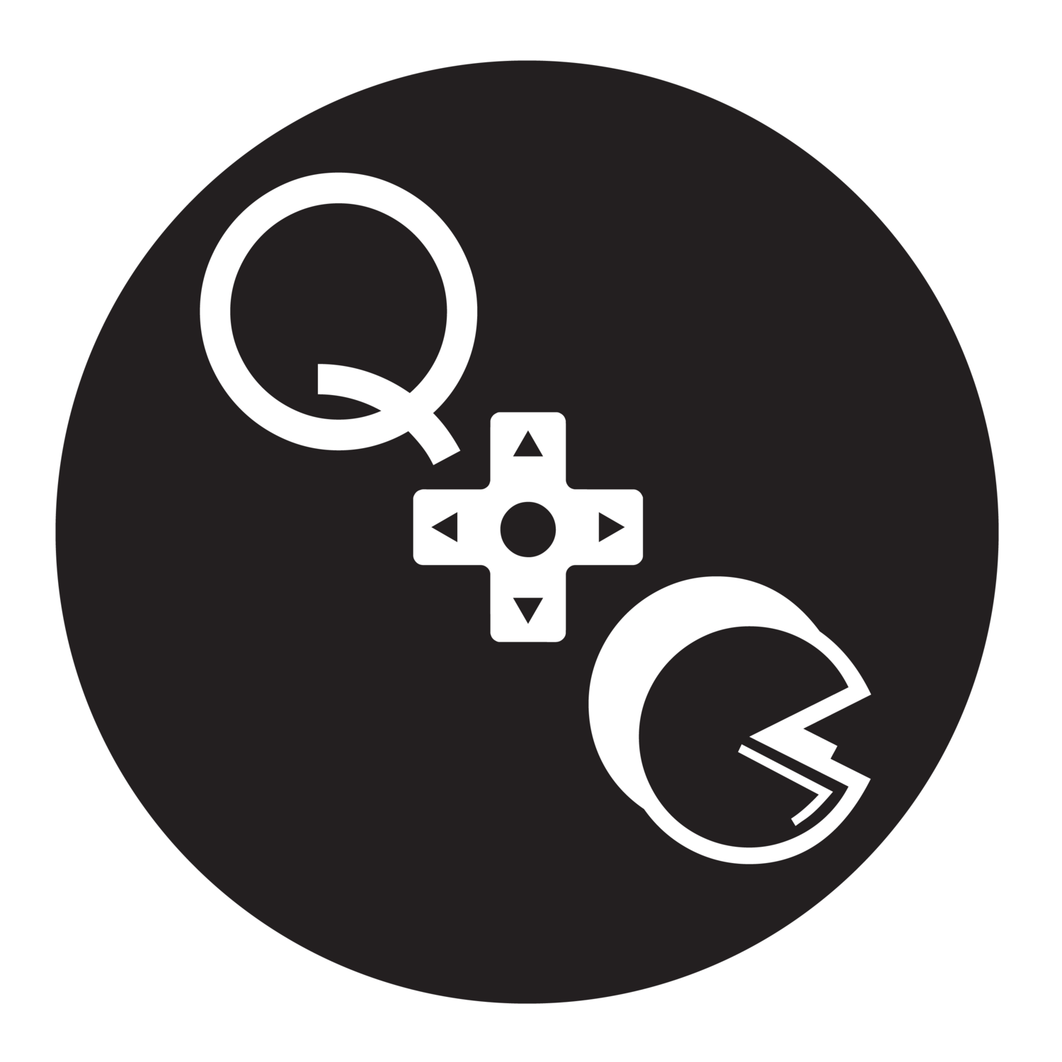 A black circle with white letters q and g on it.