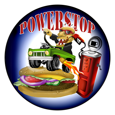 A cartoon of a man driving a jeep next to a hamburger and a gas pump that says powerstop
