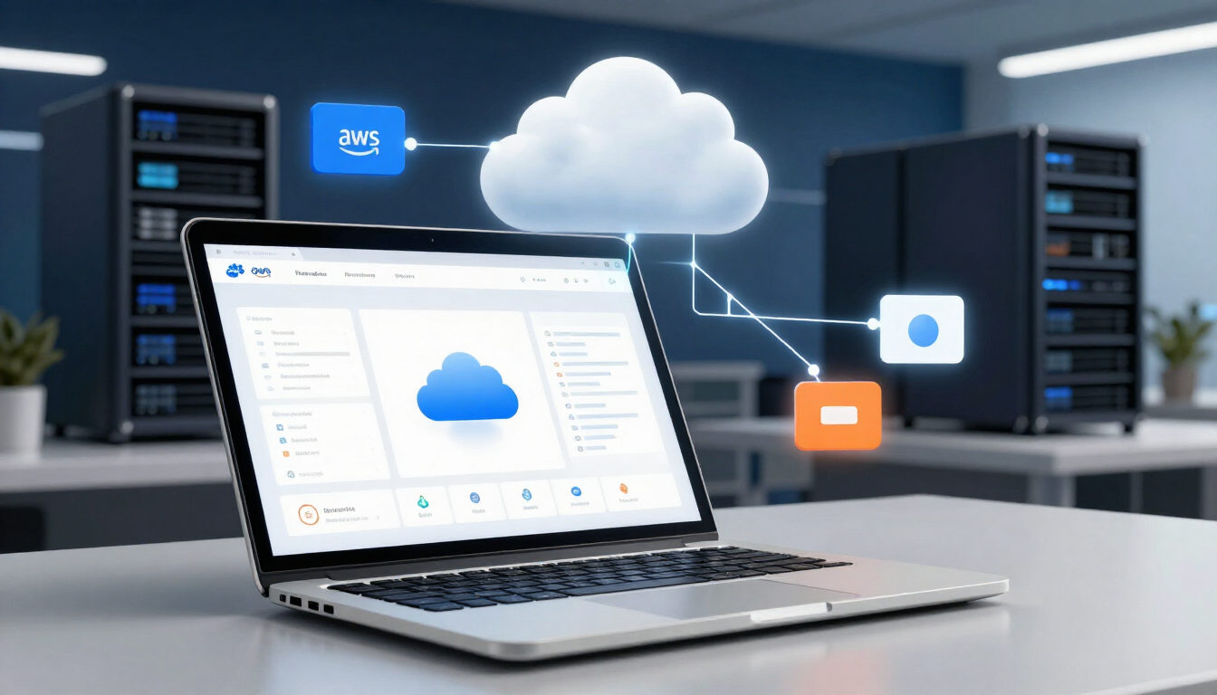Laptop with cloud storage interface in a modern server room, with floating app icons and a cloud symbol above.