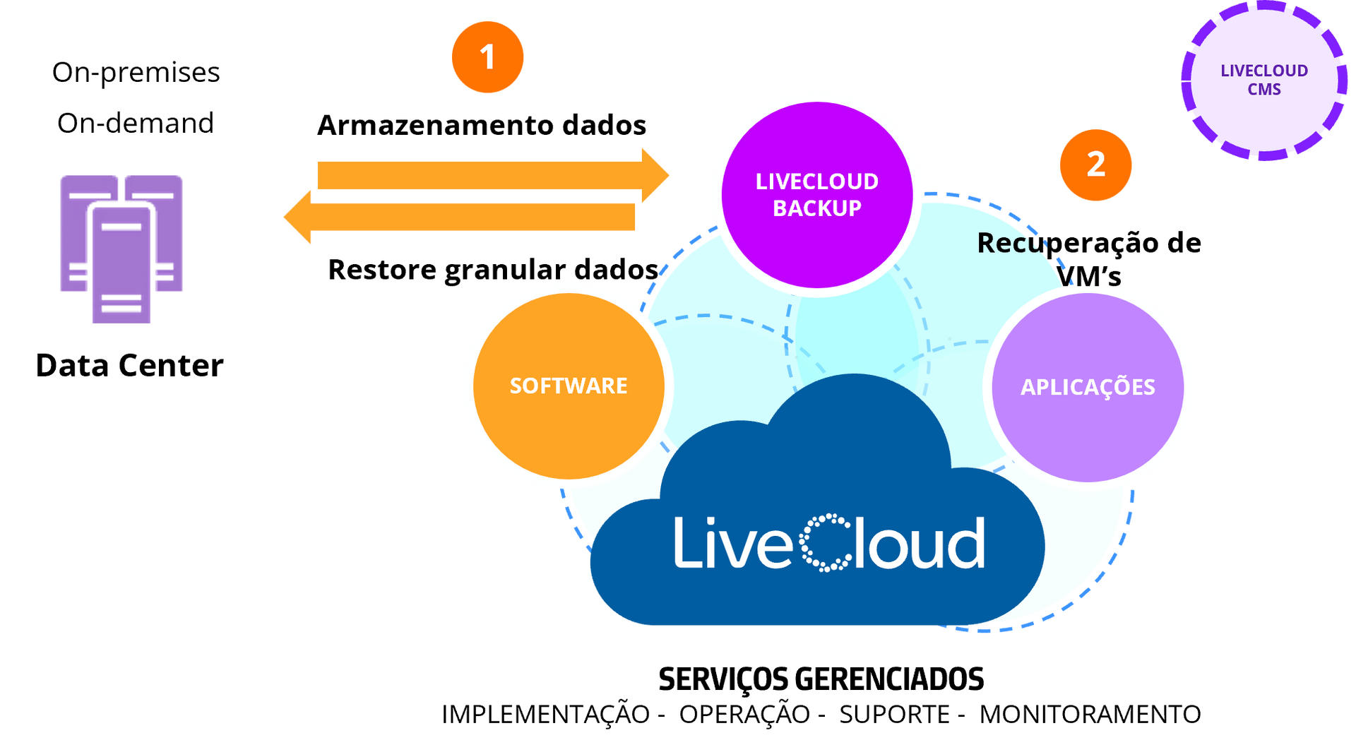 Diagrama de LiveCloud com nuvem azul central e tópicos coloridos sobre data center, dados e recuperação de VM.