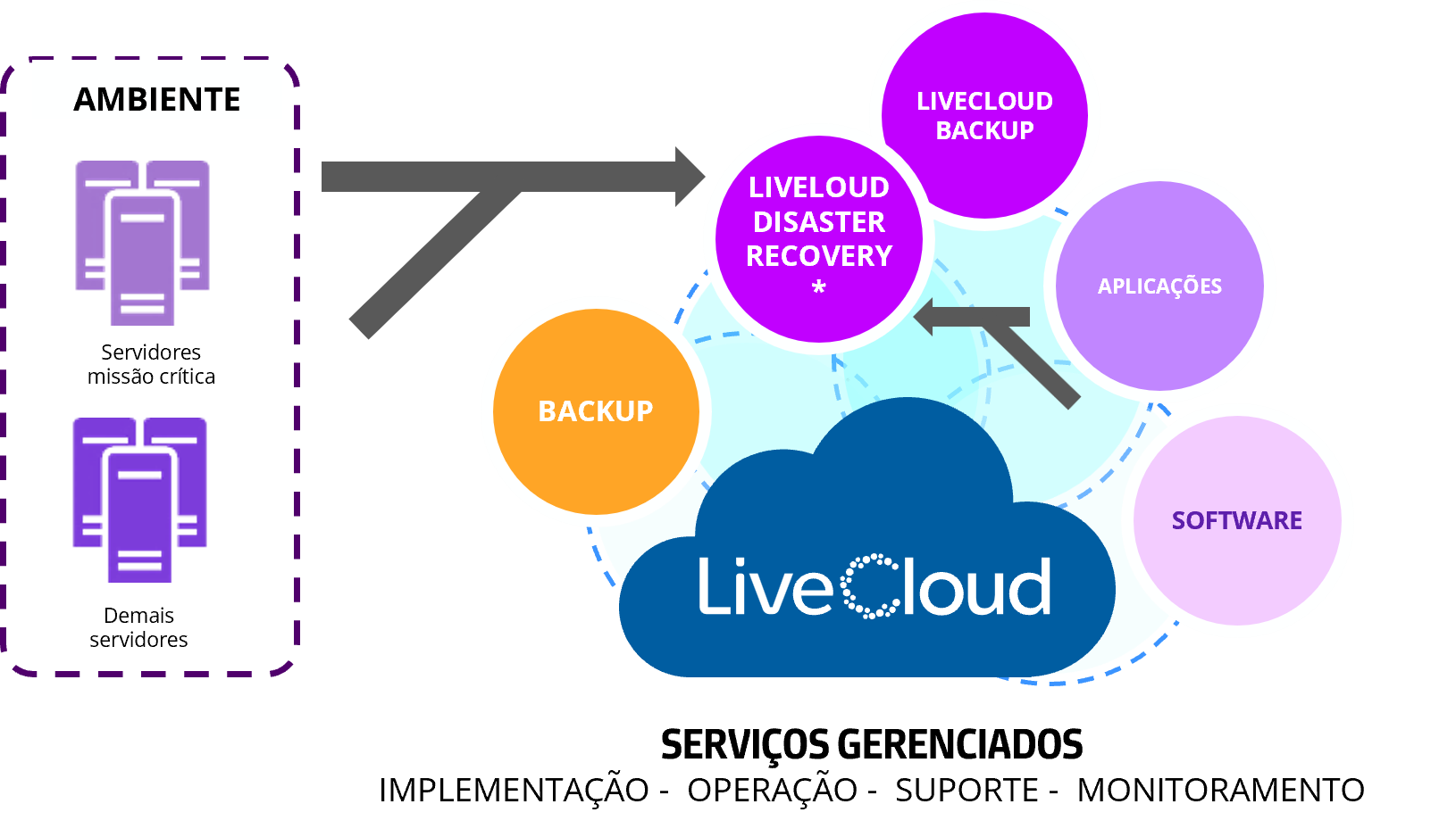 Diagrama de serviços gerenciados LiveCloud: backup, disaster recovery, dados, hardware e software.