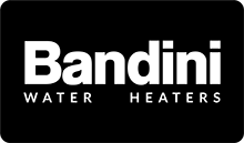 The bandini water heaters logo is white on a black background.