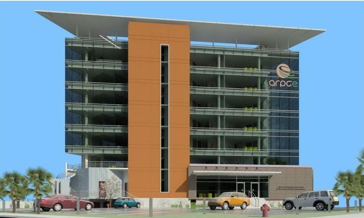 An artist 's impression of a building with the word optics on it