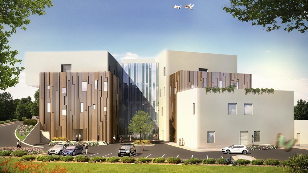 An artist 's impression of a building with cars parked in front of it