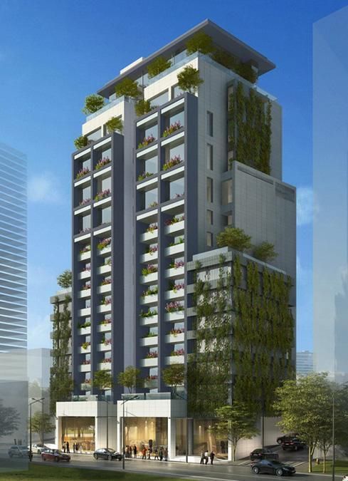 An artist 's impression of a tall building with lots of windows