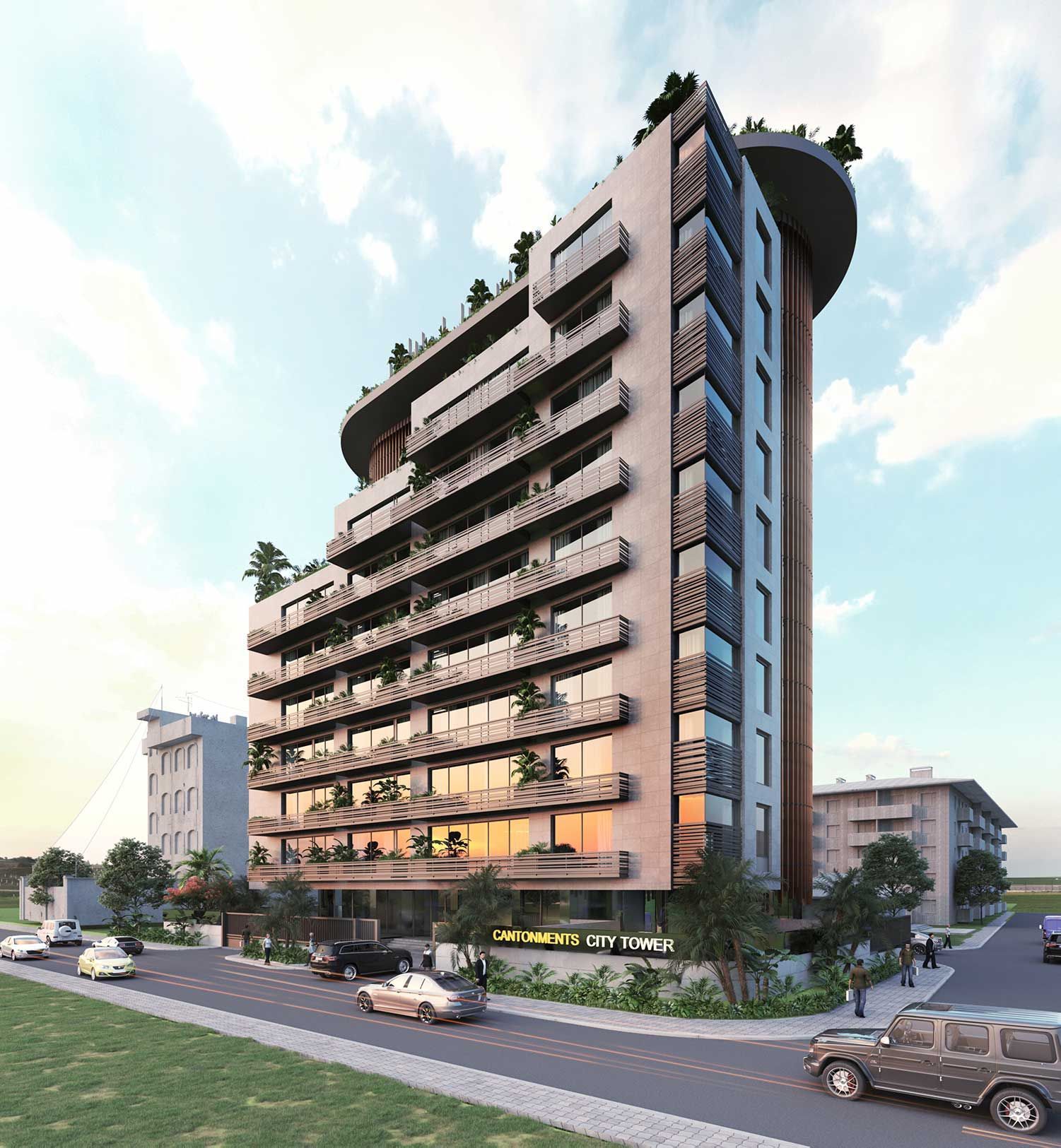 An artist 's impression of a tall building with cars driving by