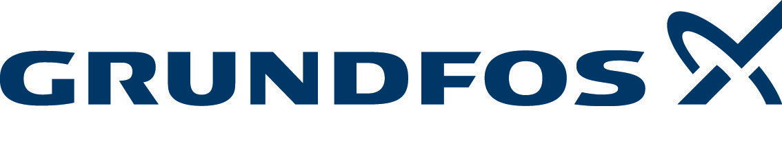 A blue and white logo for grundfos x