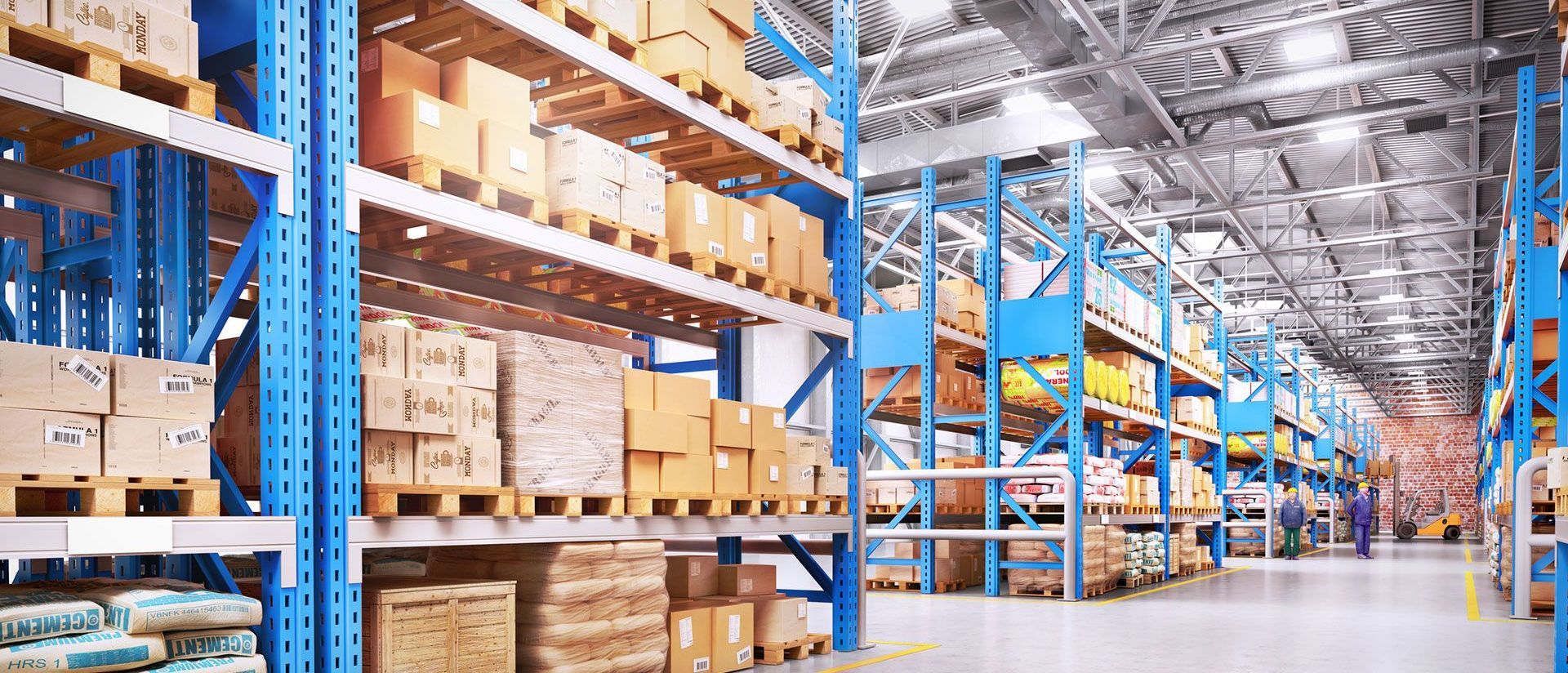 A large warehouse filled with lots of boxes and shelves.