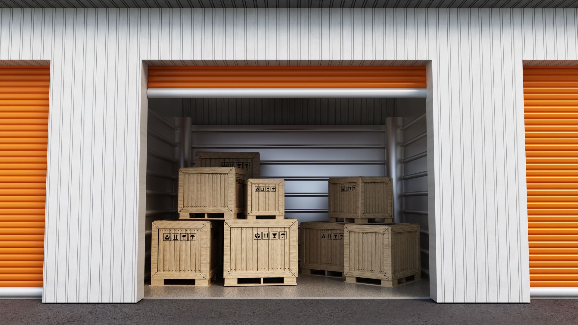 Open storage unit with bright yellow door, showing wooden crates inside.