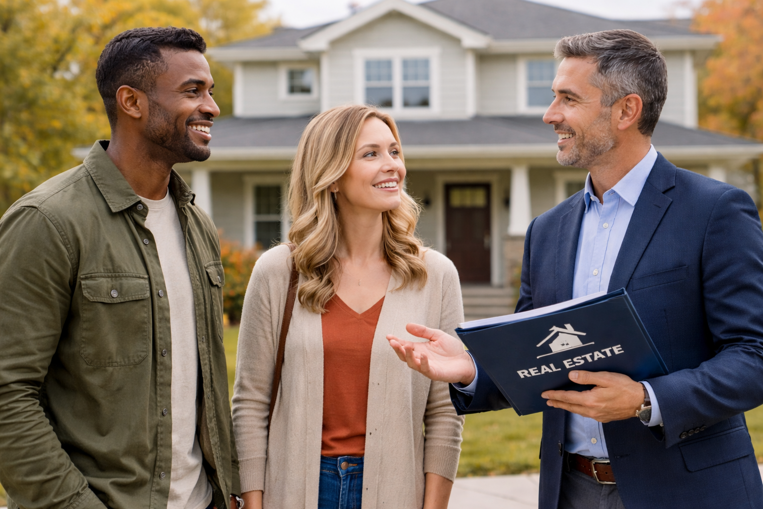 Real estate agent showing house to couple; outdoors, smiles.