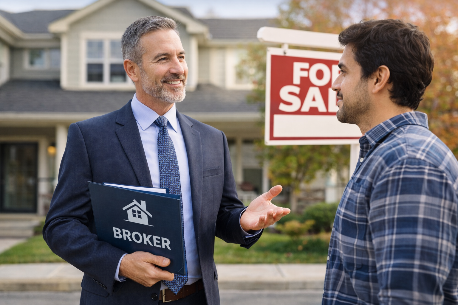Real estate broker talking with a potential buyer in front of a house with a