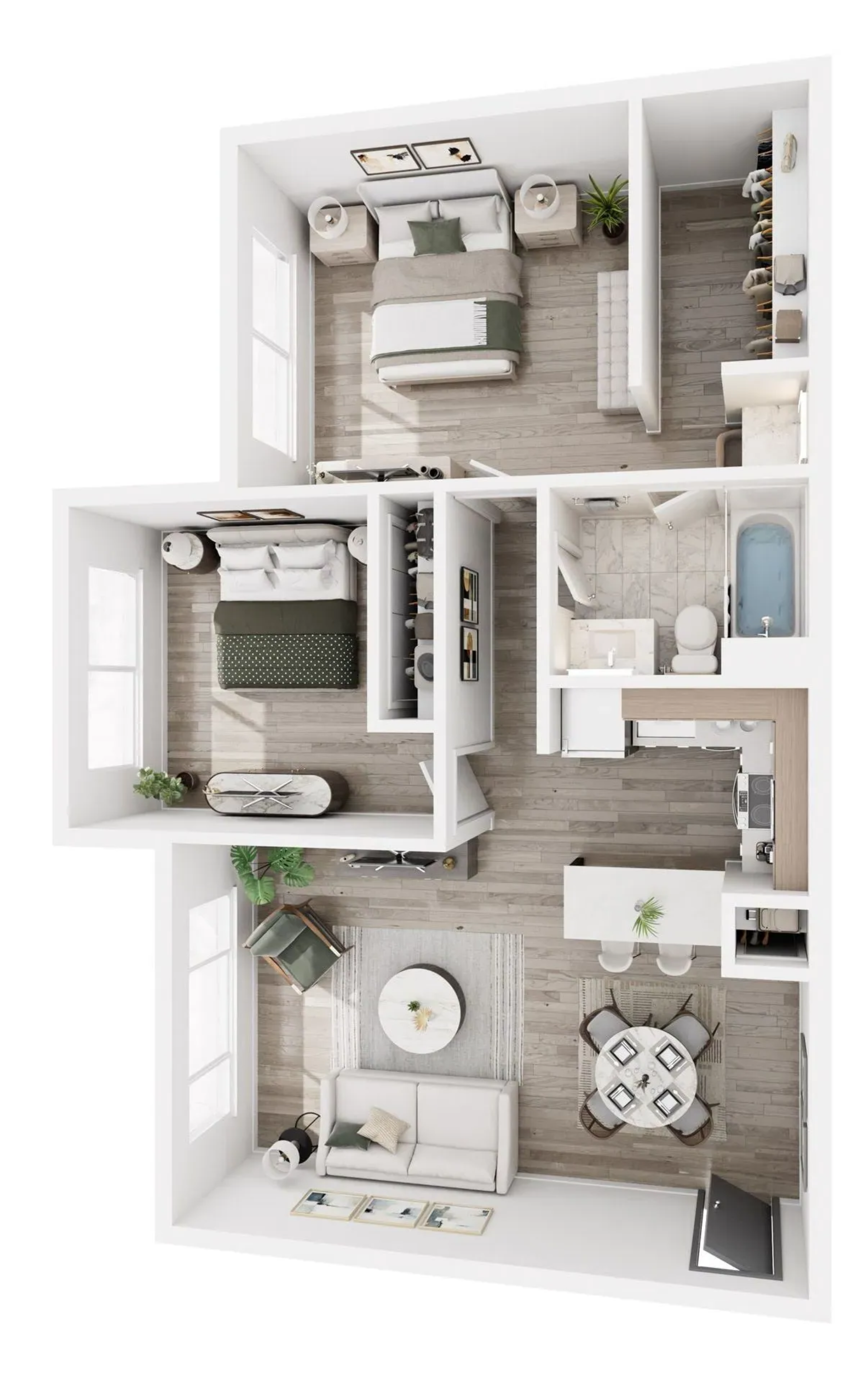 Floor plan of a two-bedroom apartment, with furniture placement and layout.
