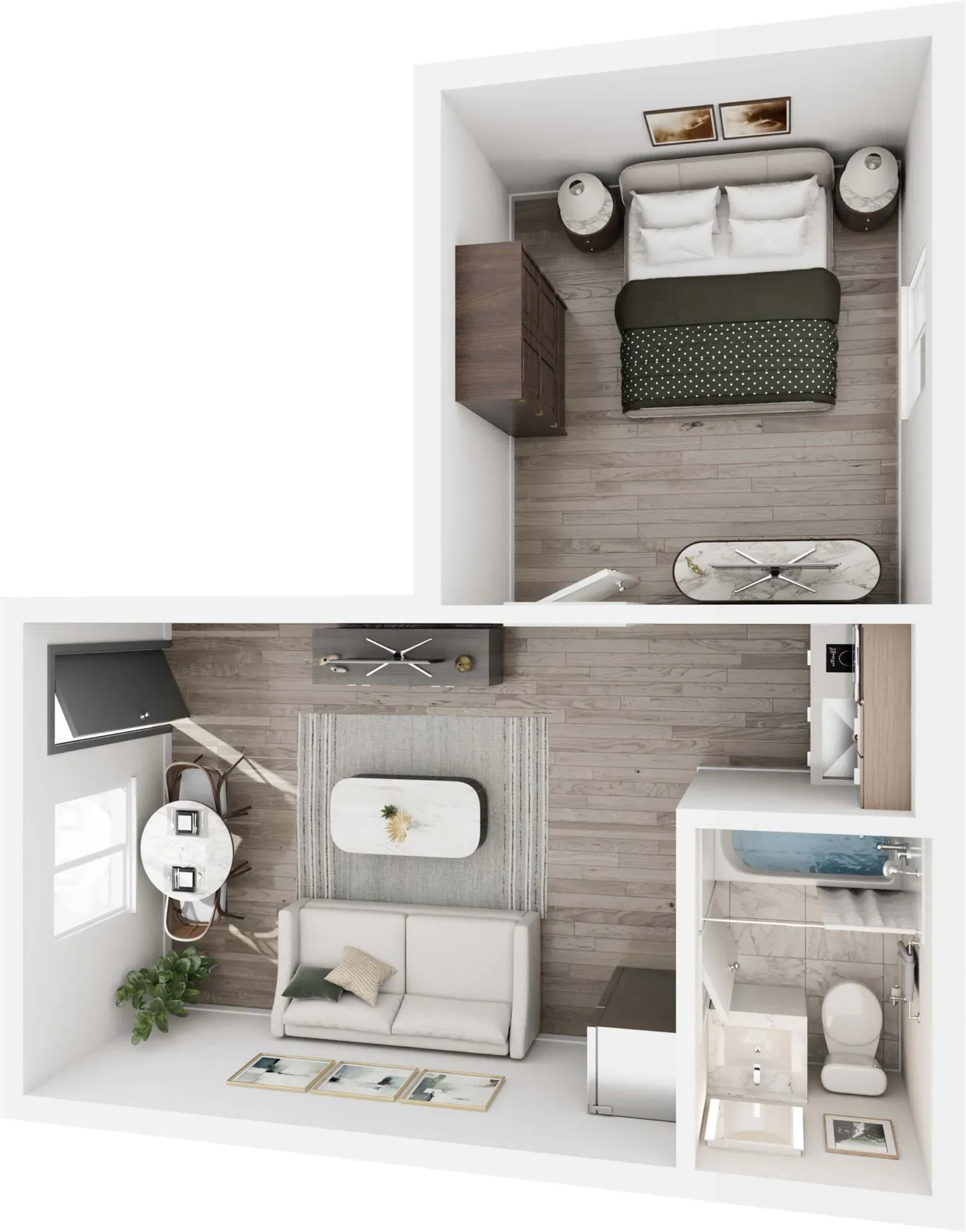 Top-down view of a modern apartment with a bedroom and living room layout; neutral tones.