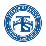 Blue circular logo for Terve Services, a general contractor. Features a bridge design with "TS" initials.