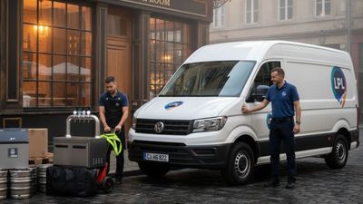 Two delivery people unloading a white van labeled 