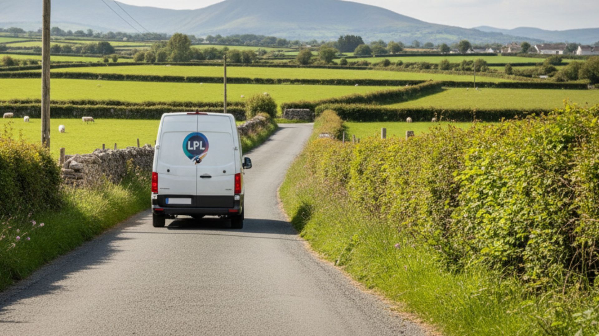 White LPL van parked on a rural road.