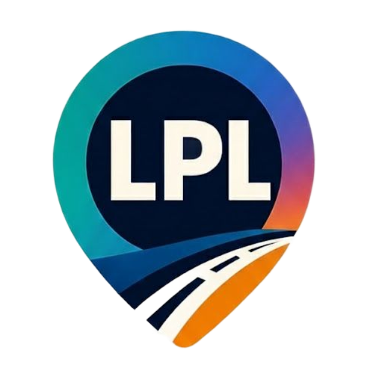 LPL logo: white letters on a dark blue circle, road, blue and orange pin-shaped border.