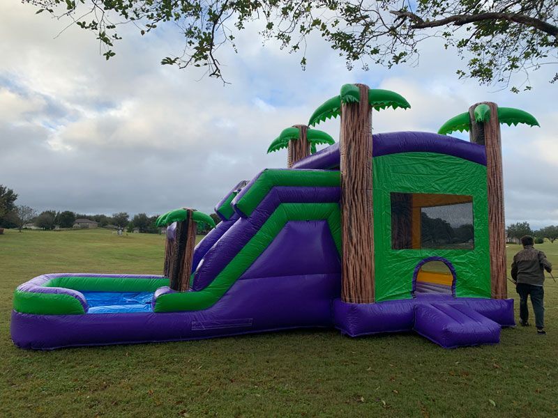 A purple and green inflatable slide and bounce house with palm tree accents, set on a grassy field under a cloudy sky.