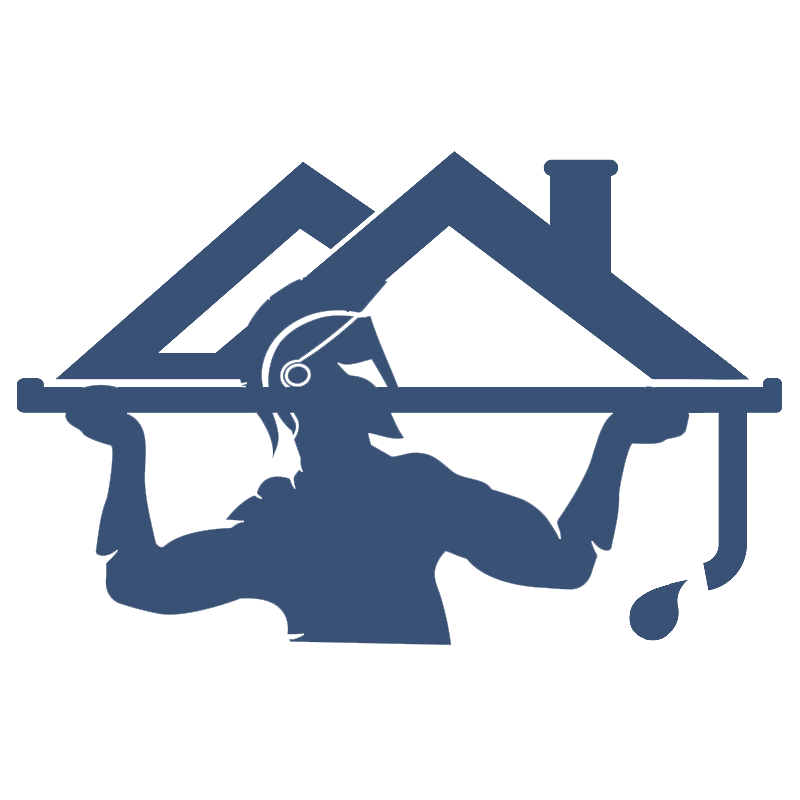 Blue logo of a roofer lifting a roofline with a house and chimney outline above