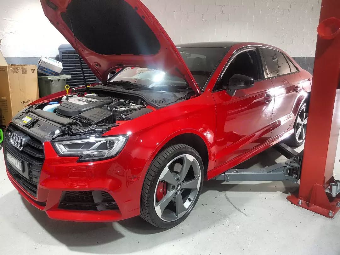 A Red Car with Its Hood up Is on A Lift in A Garage — Latin Motors in Fyshwick, ACT