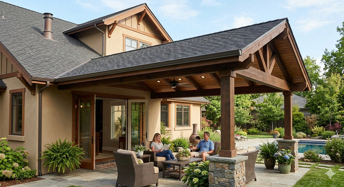 Attached wooden pavilion over a backyard patio with garden view.