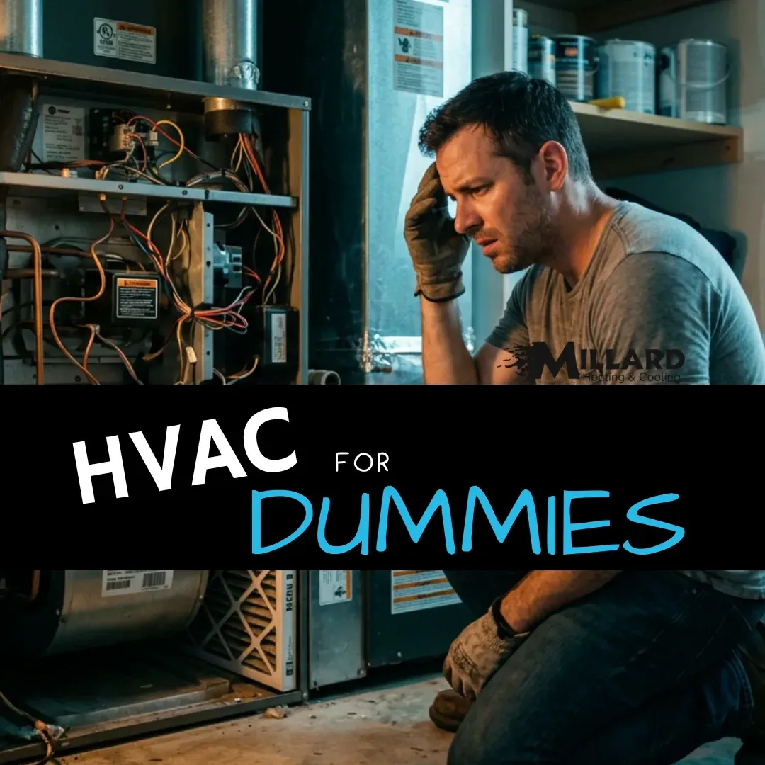 confused man with his residential HVAC system with the text HVAC for dummies from Millard HVAC