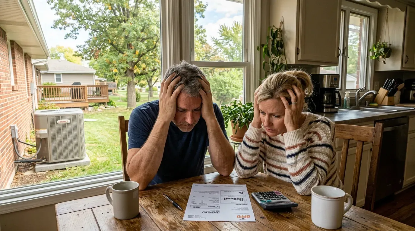 husband and wife at kitchen tabe looking at their Omaha energy bill