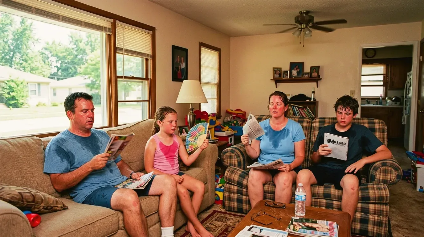 family sitting on couches in an omaha home sweating due to a broken ac