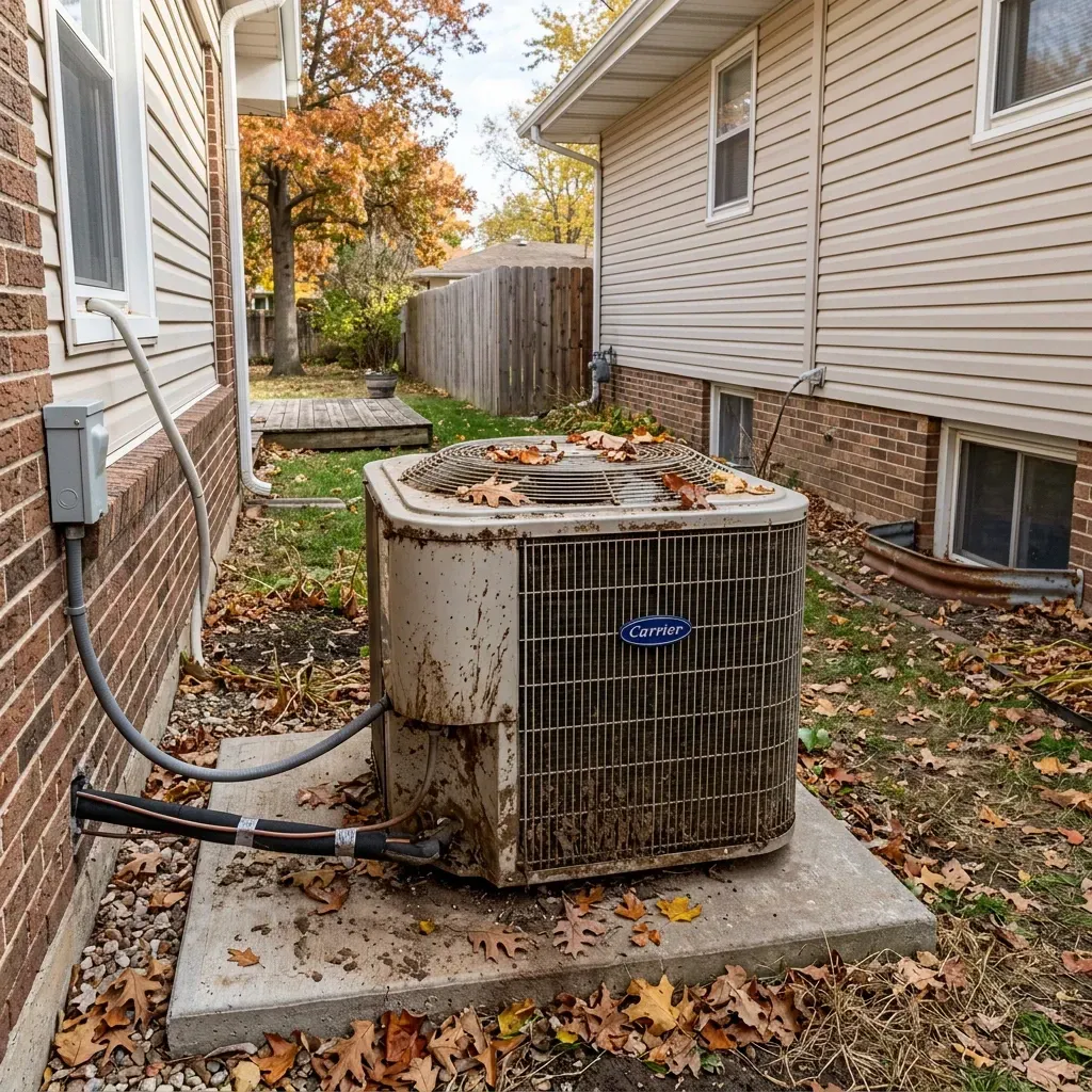 Omaha air conditioning condenser covered in mud and leaves