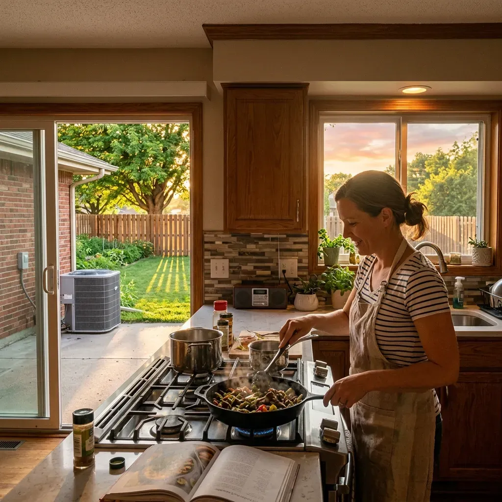 woman cooking on a gas stove in an omaha home at sunrise