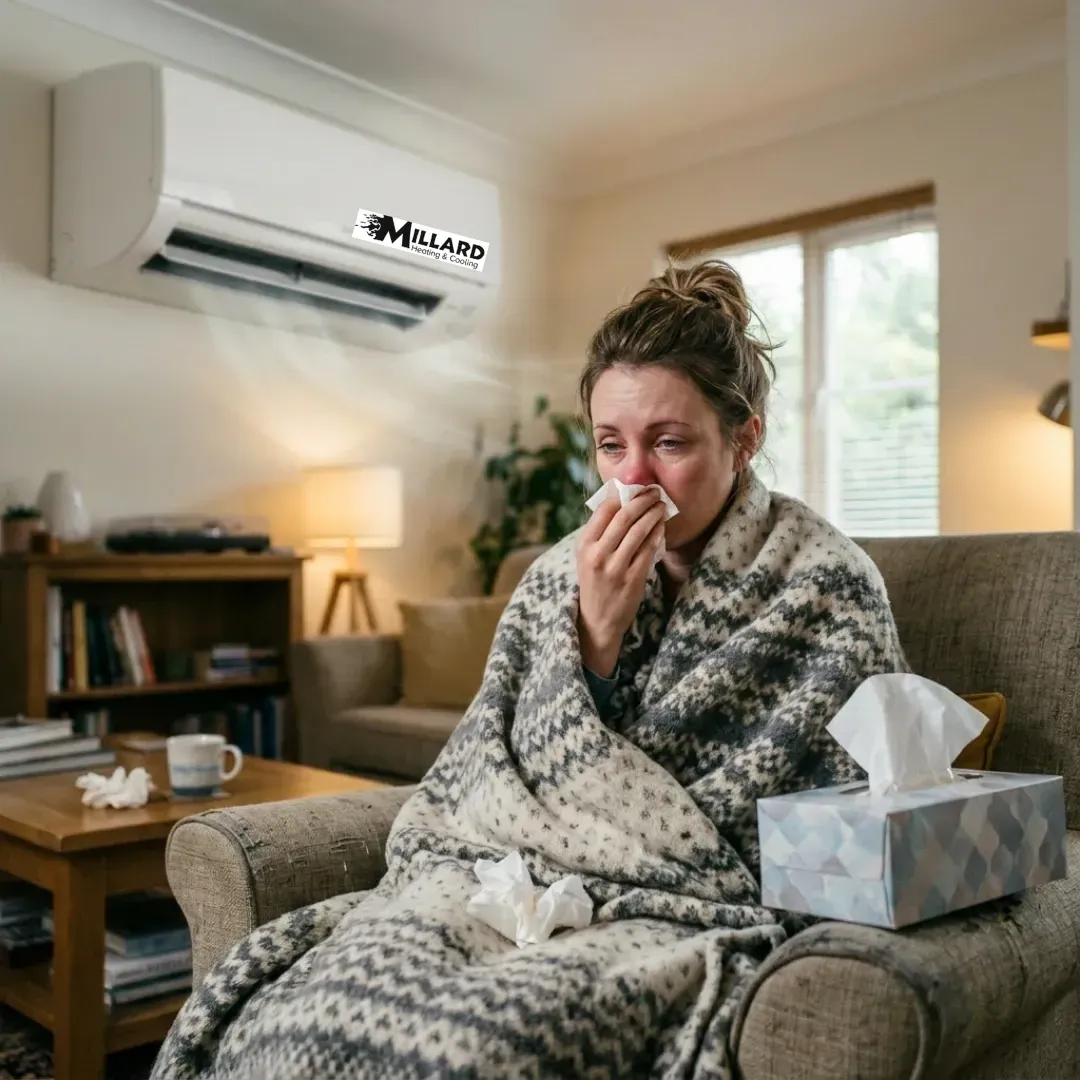 woman with allergy like symptoms with box of tissues and millard hvac logo