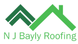 A logo for nj bayly roofing with a green roof