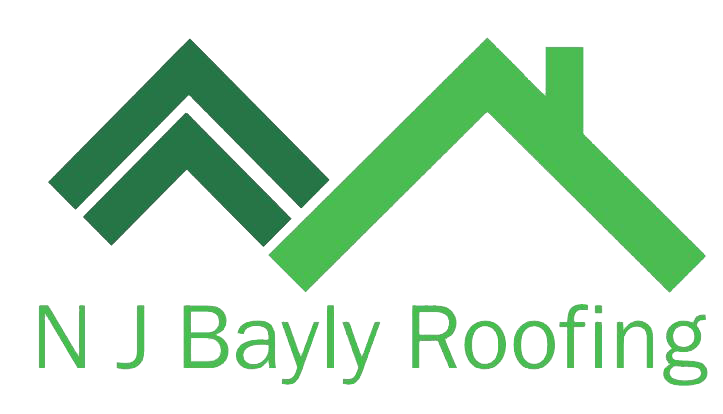 A logo for nj bayly roofing with a green roof