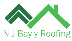 A logo for nj bayly roofing with a green roof