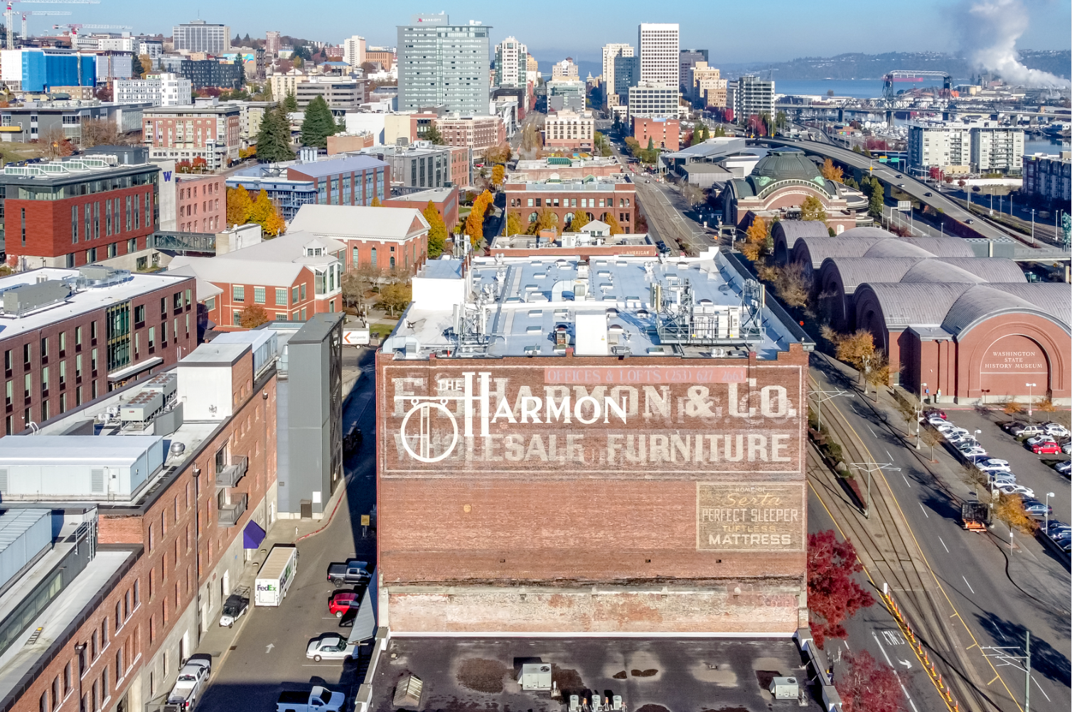 Aerial view of a brick building with