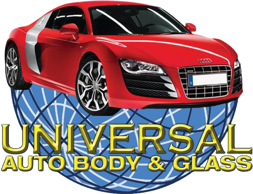 The logo for universal auto body and glass shows a red car on top of a blue globe.